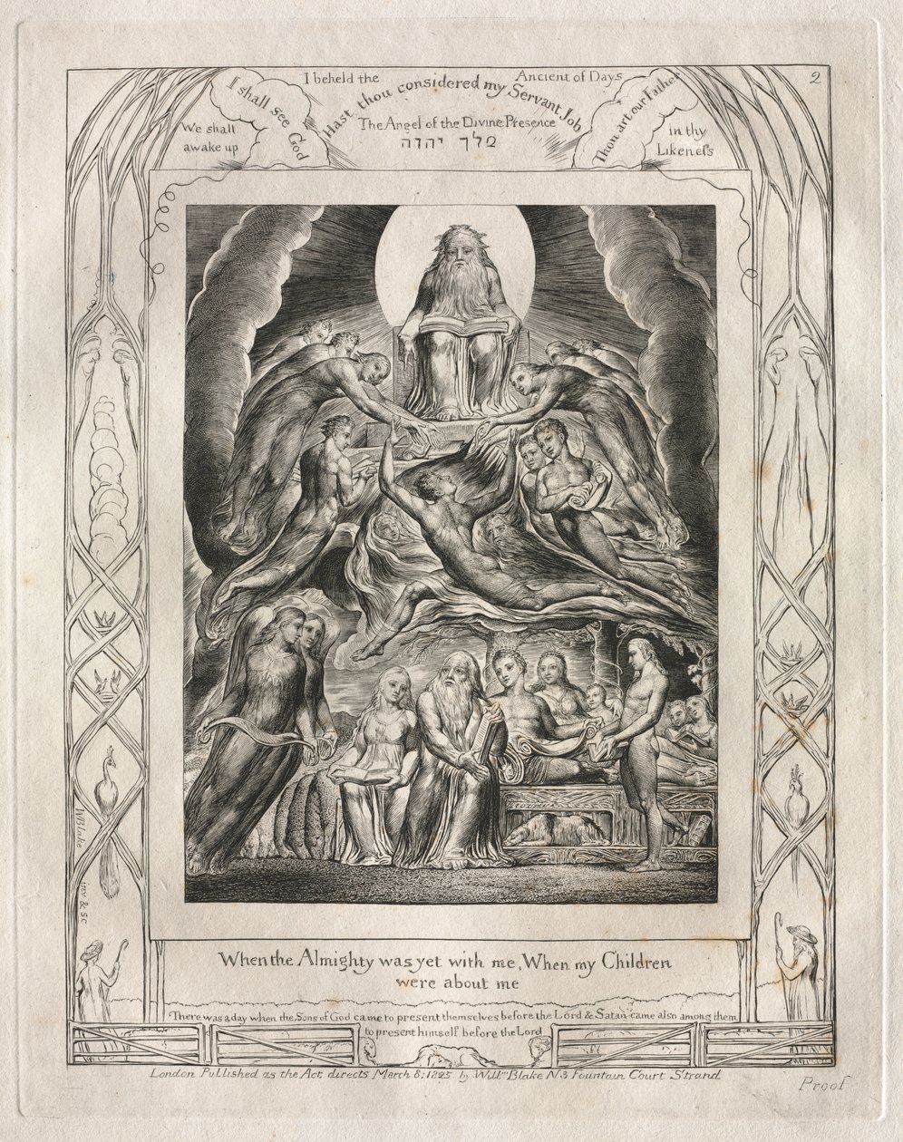 El Libro de Job: Pl. 2, Cuando el Todopoderoso aún estaba conmigo, cuando mis hijos / estaban a mi alrededor de William Blake