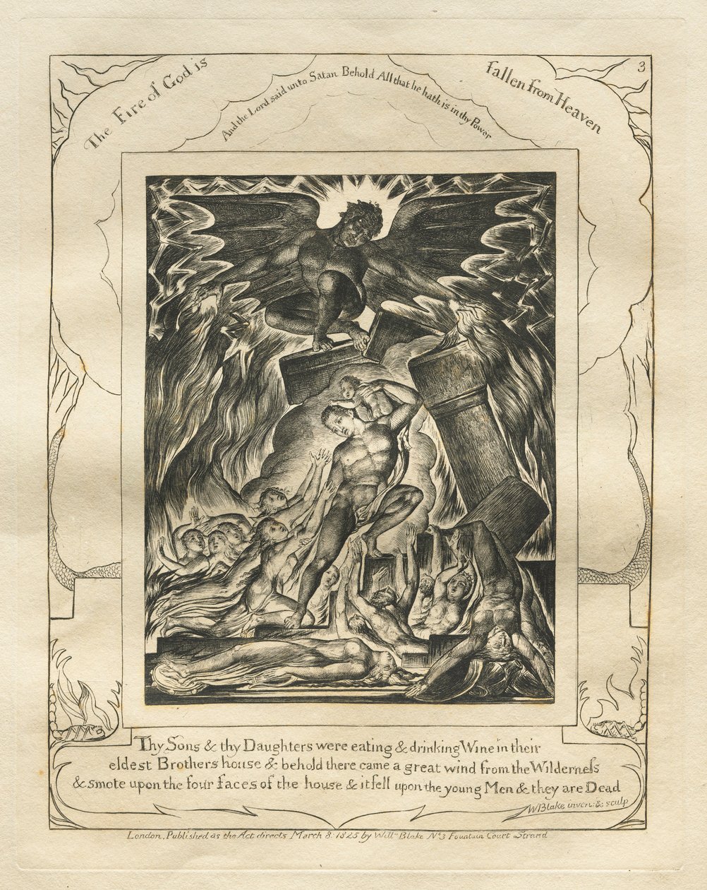 El libro de Job: Pl. 3, Tus hijos y tus hijas estaban comiendo y bebiendo vino..., 1825 de William Blake