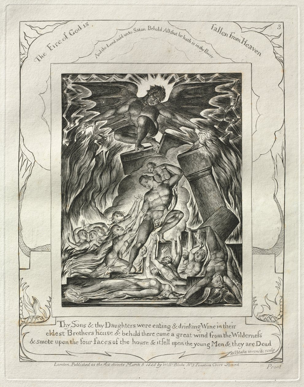 El Libro de Job: Pl. 3, Tus hijos y tus hijas estaban comiendo y bebiendo vino en la / casa de su hermano mayor de William Blake