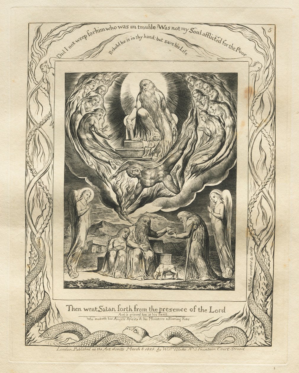 El Libro de Job: Pl. 5, Entonces Satanás salió de la presencia del Señor de William Blake