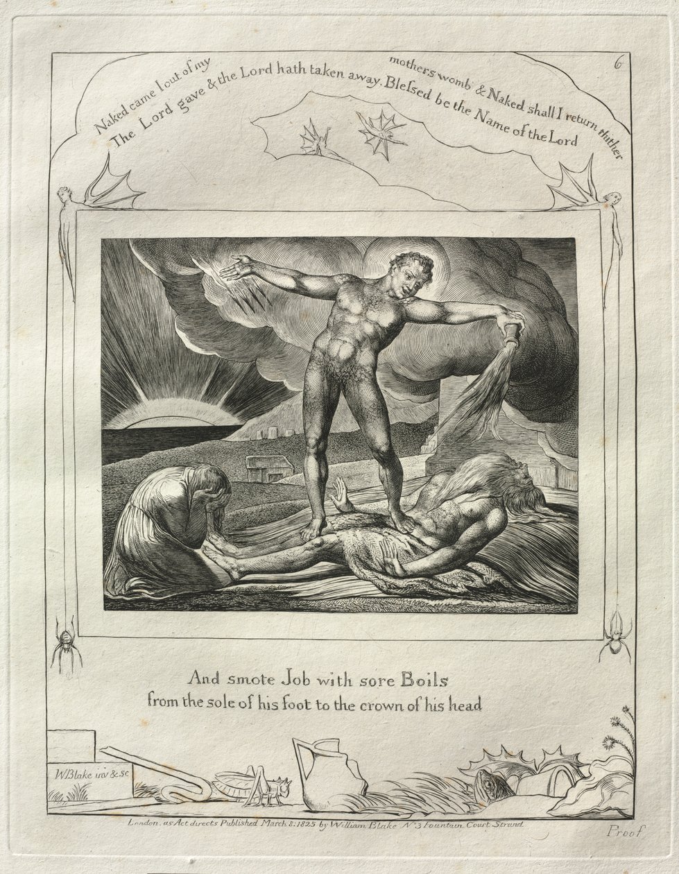 El Libro de Job: Pl. 6, Y golpeó a Job con llagas dolorosas / desde la planta de su pie hasta la coronilla de su cabeza de William Blake