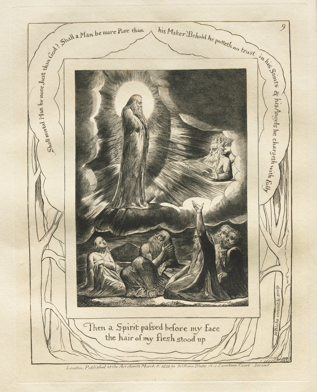 El Libro de Job: Pl. 9, Entonces un espíritu pasó delante de mi rostro, el cabello de mi carne se erizó, 1825 de William Blake