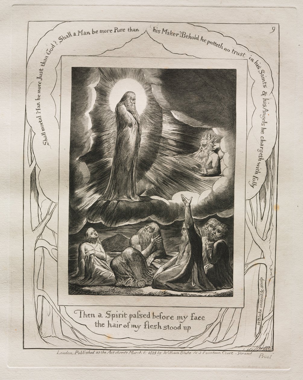 El Libro de Job: Pl. 9, Entonces un espíritu pasó delante de mi rostro, el pelo de mi carne se erizó, 1825 de William Blake