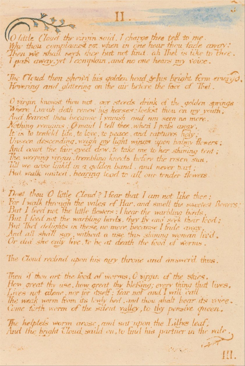 El libro de Thel, lámina 5, II., Oh pequeña nube... de William Blake
