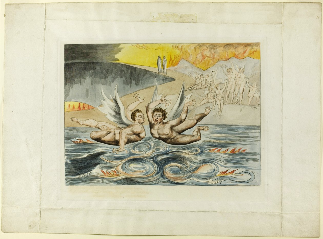 El círculo de los funcionarios corruptos; los demonios atacándose entre sí. Infierno, canto XXII. de William Blake