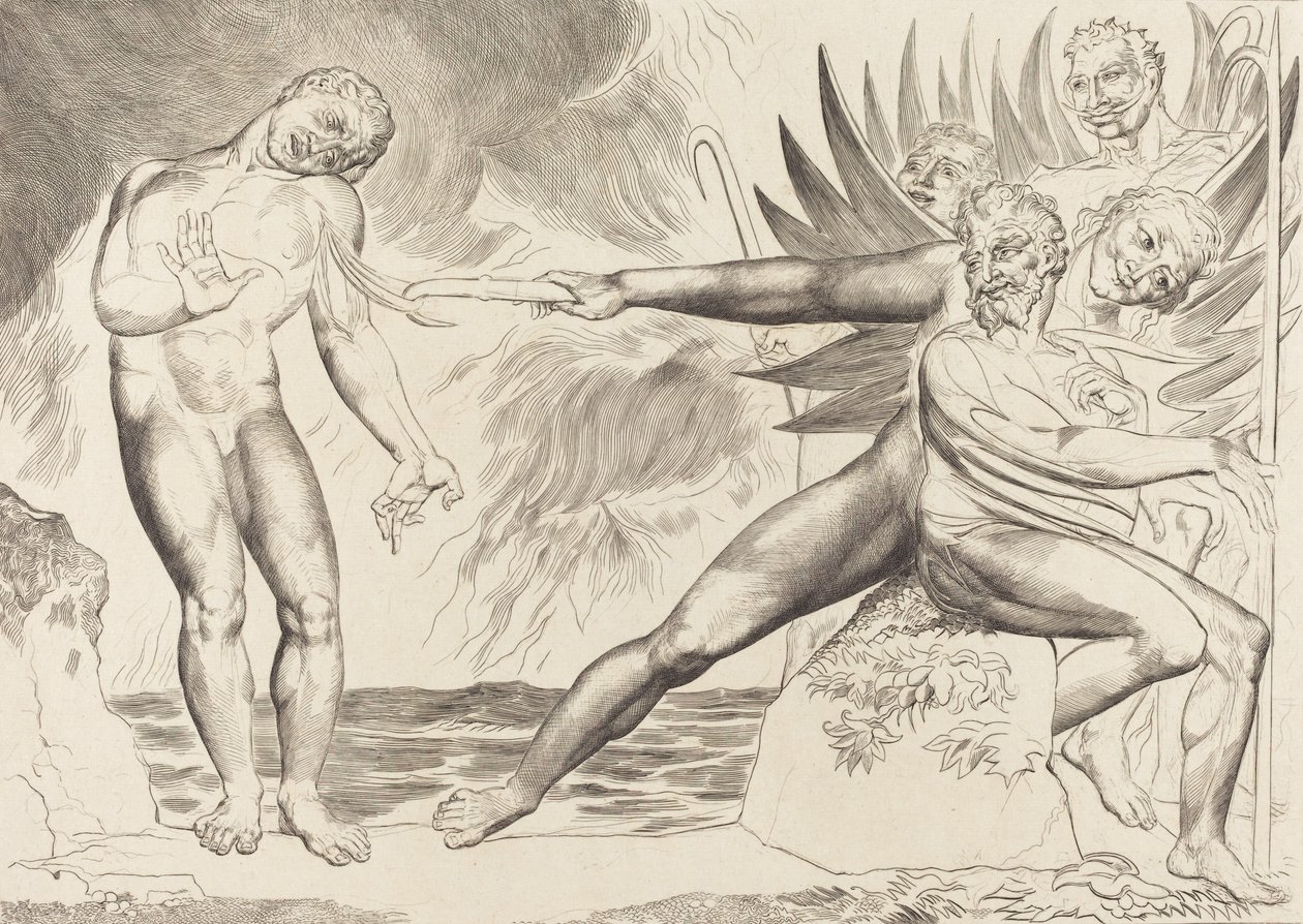 El círculo de los funcionarios corruptos, los demonios atormentan a Ciampolo de William Blake