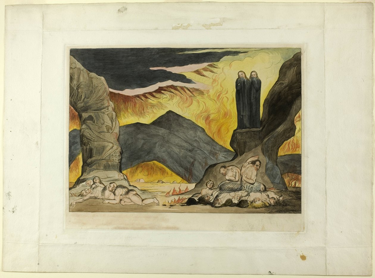 El círculo de los falsificadores: Dante y Virgilio cubriéndose la nariz por el hedor. Infierno, canto XXIX de William Blake