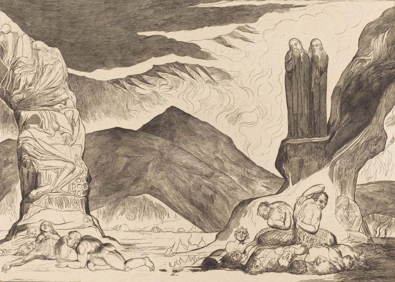 El círculo de los falsificadores: Dante y Virgilio cubriéndose la nariz por el hedor de William Blake