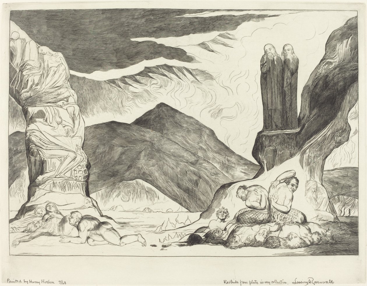 El círculo de los falsificadores, Dante y Virgilio se tapan la nariz por el hedor de William Blake