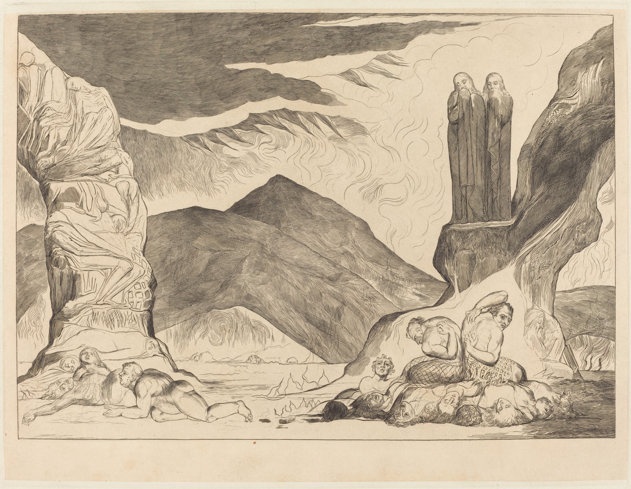 El círculo de los falsificadores; Dante y Virgilio se tapan la nariz por el hedor de William Blake