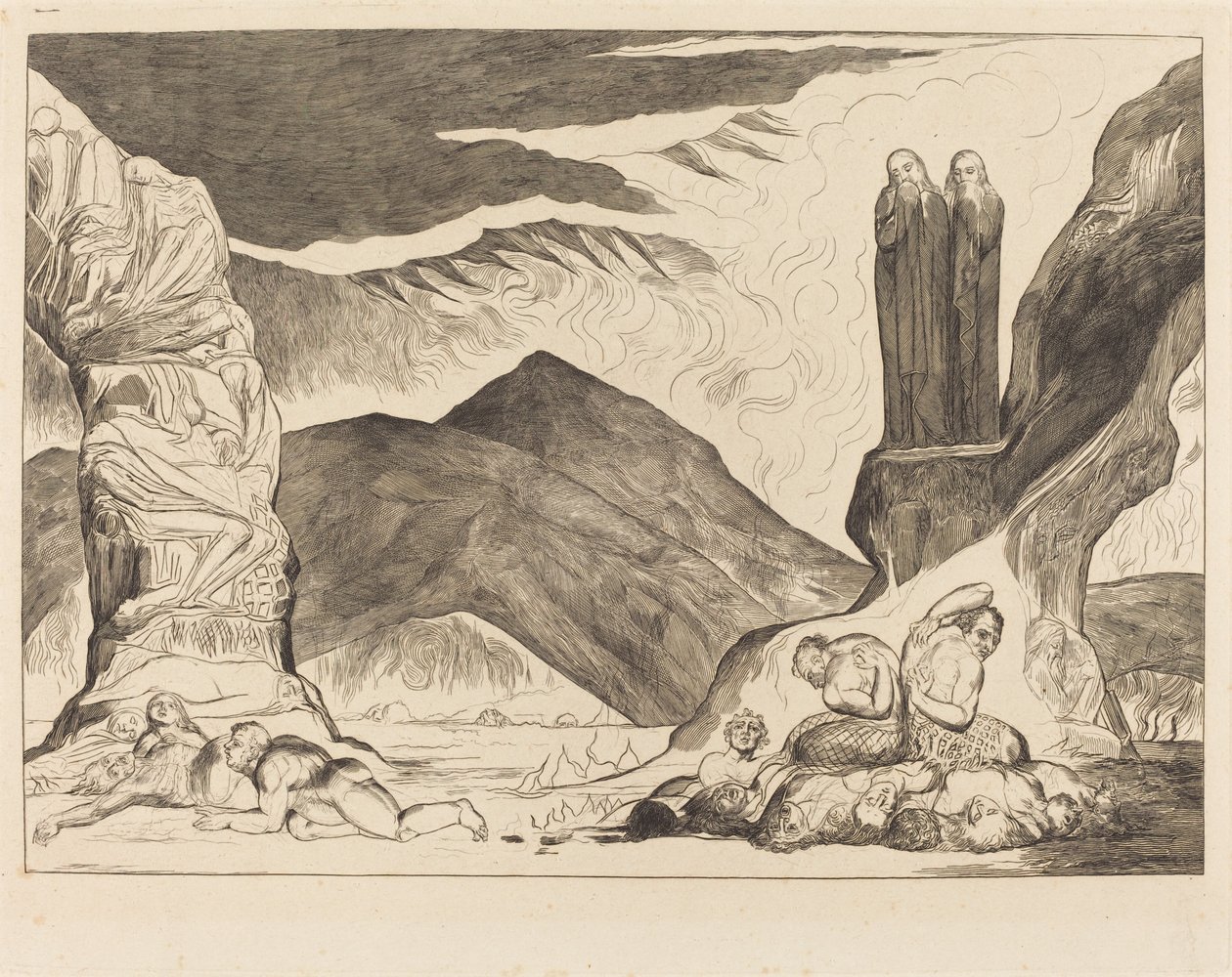 El círculo de los falsificadores; Dante y Virgilio se tapan la nariz por el hedor de William Blake