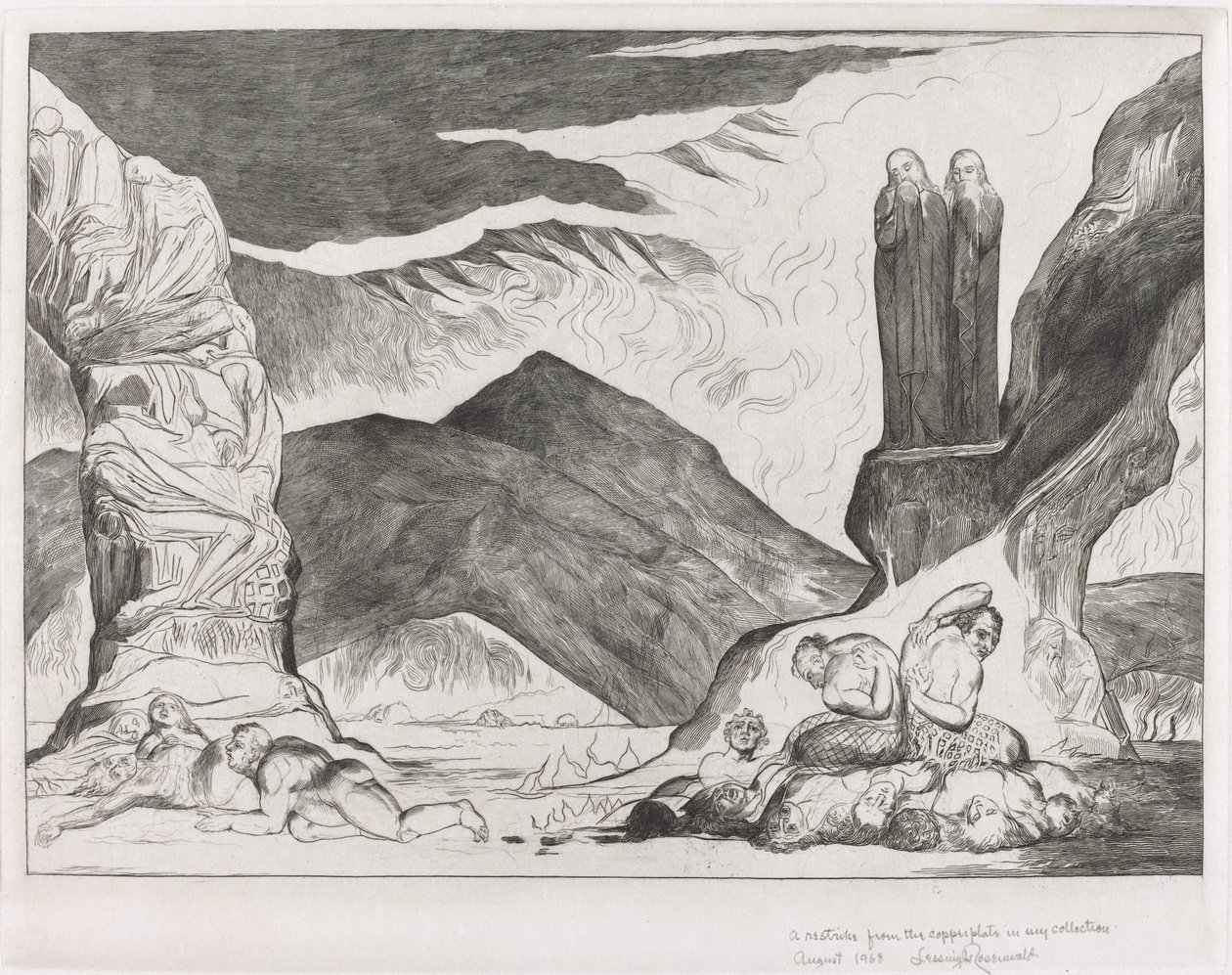 El círculo de los falsificadores; Dante y Virgilio se tapan la nariz por el hedor de William Blake