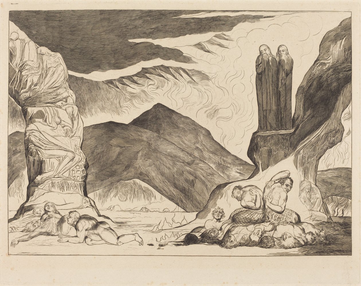 El círculo de los falsificadores: Dante y Virgilio se cubren la nariz a causa del hedor de William Blake