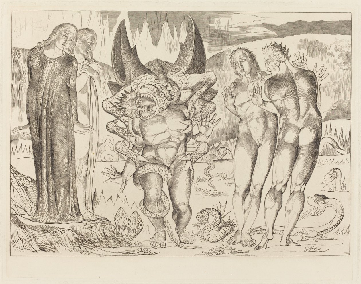 El círculo de los ladrones; Agnolo Brunelleschi atacado por una serpiente de seis patas de William Blake