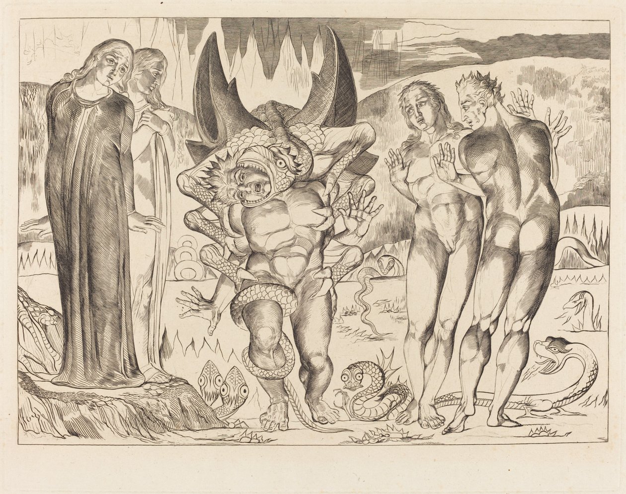 El círculo de los ladrones; Agnolo Brunelleschi atacado por una serpiente de seis patas de William Blake