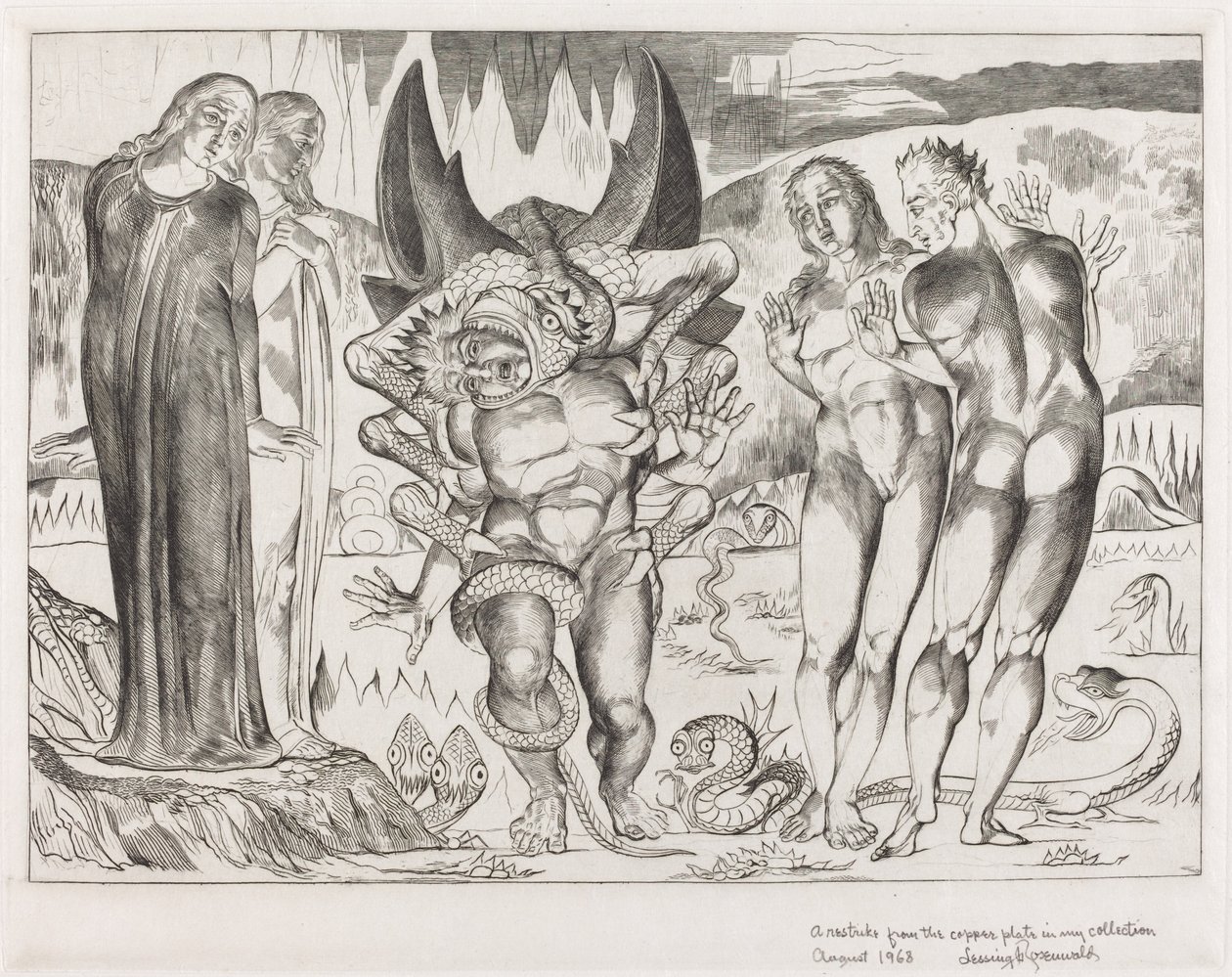 El círculo de los ladrones; Agnolo Brunelleschi atacado por una serpiente de seis patas de William Blake