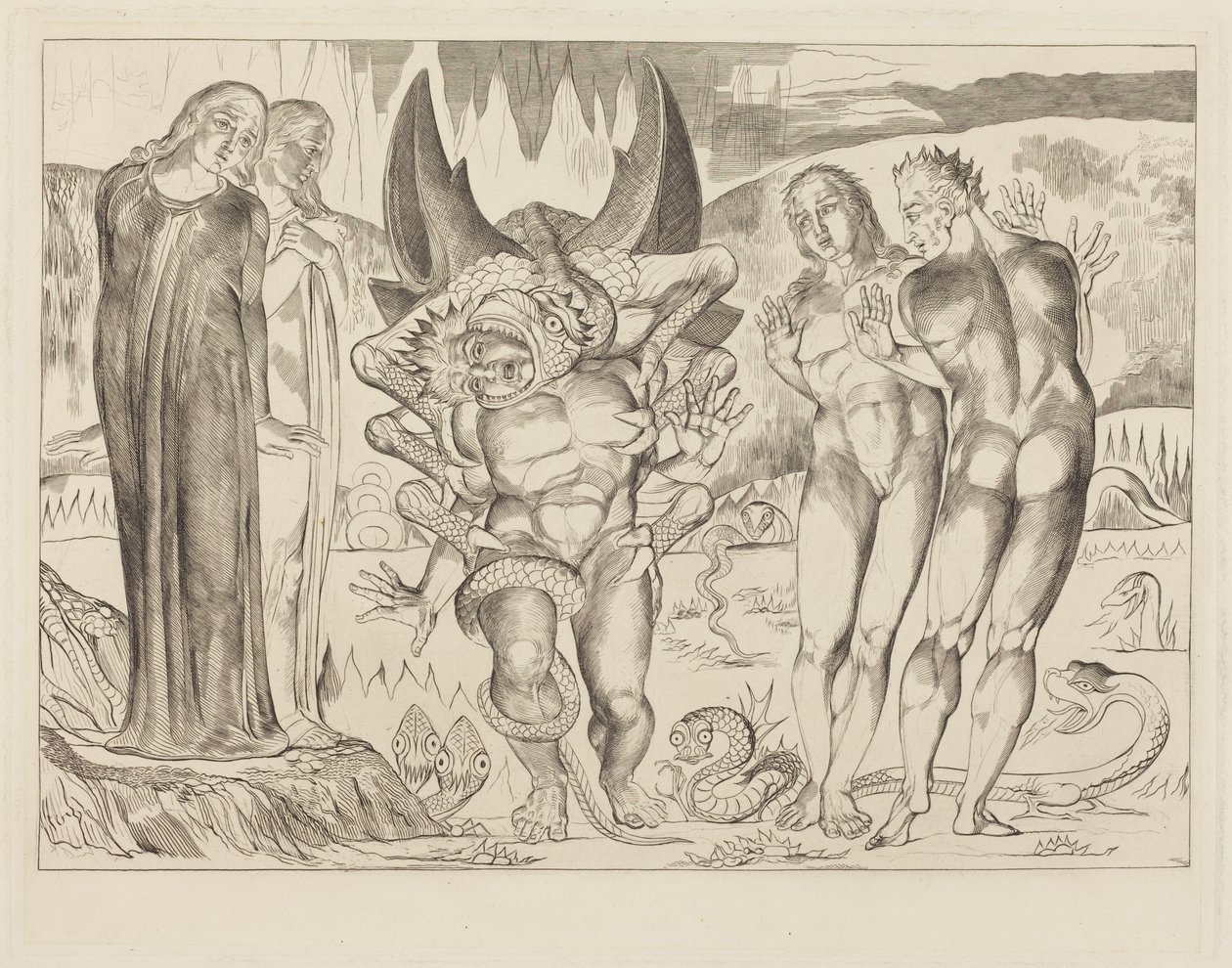 El círculo de los ladrones; Agnolo Brunelleschi atacado por una serpiente de seis patas de William Blake