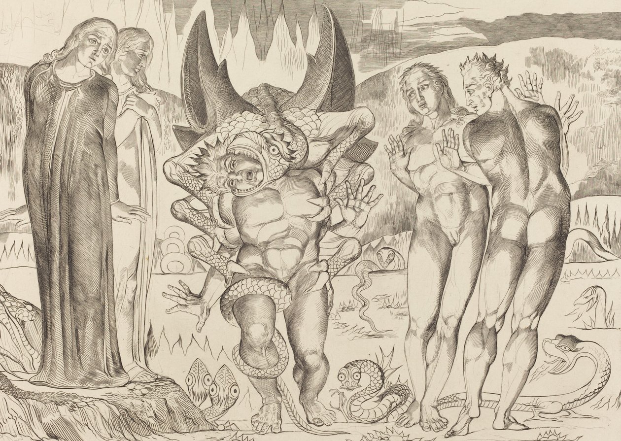 El Círculo de los Ladrones, Agnolo Brunelleschi Atacado por una Serpiente de Seis Patas de William Blake