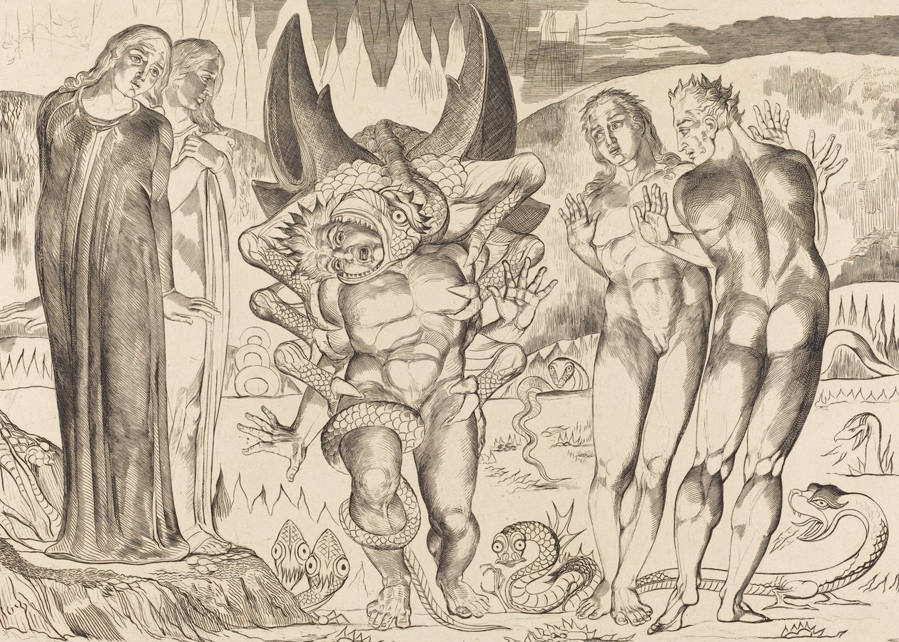 El círculo de los ladrones, Agnolo Brunelleschi atacado por una serpiente de seis patas de William Blake