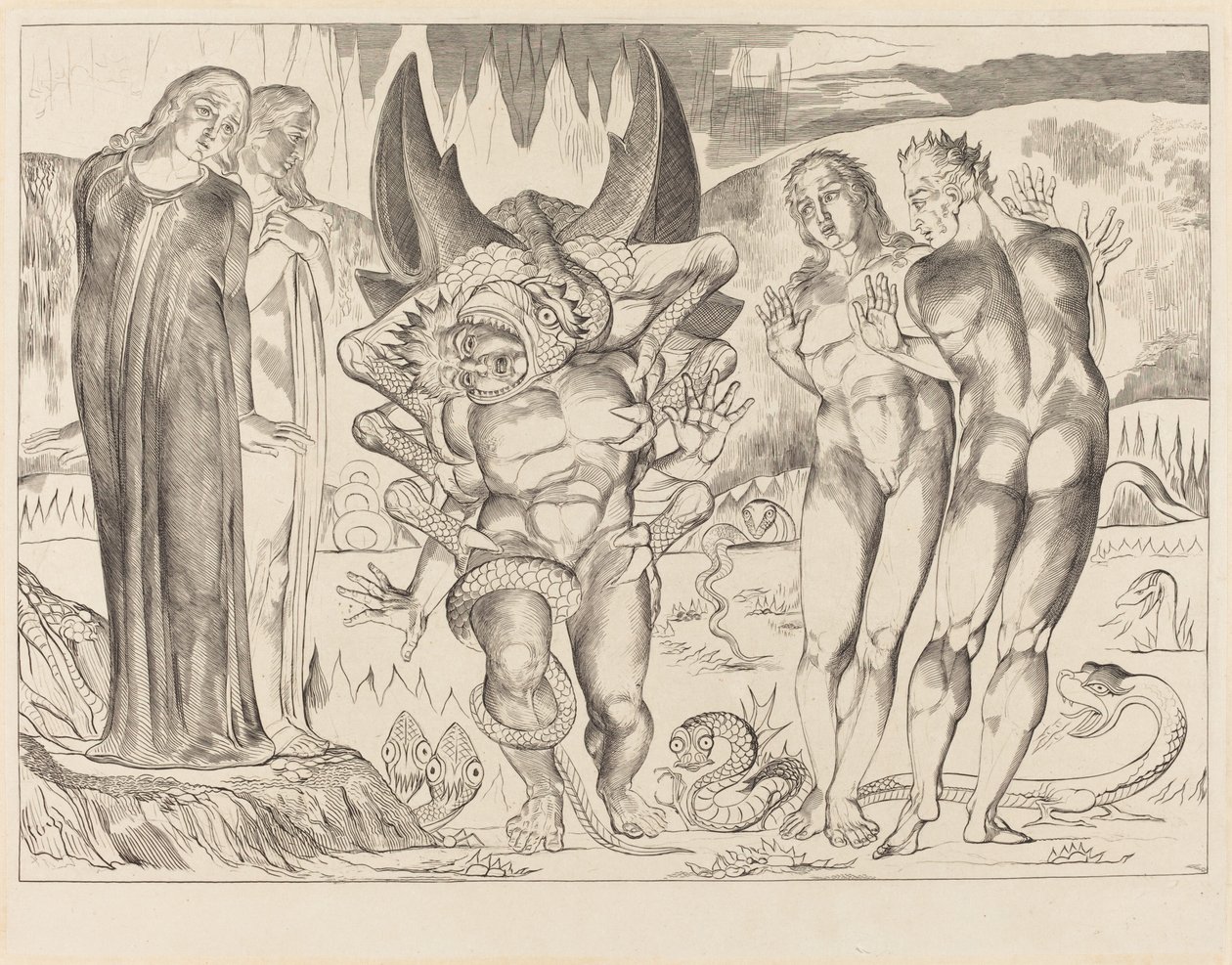 El círculo de los ladrones, Agnolo Brunelleschi atacado por una serpiente de seis patas de William Blake