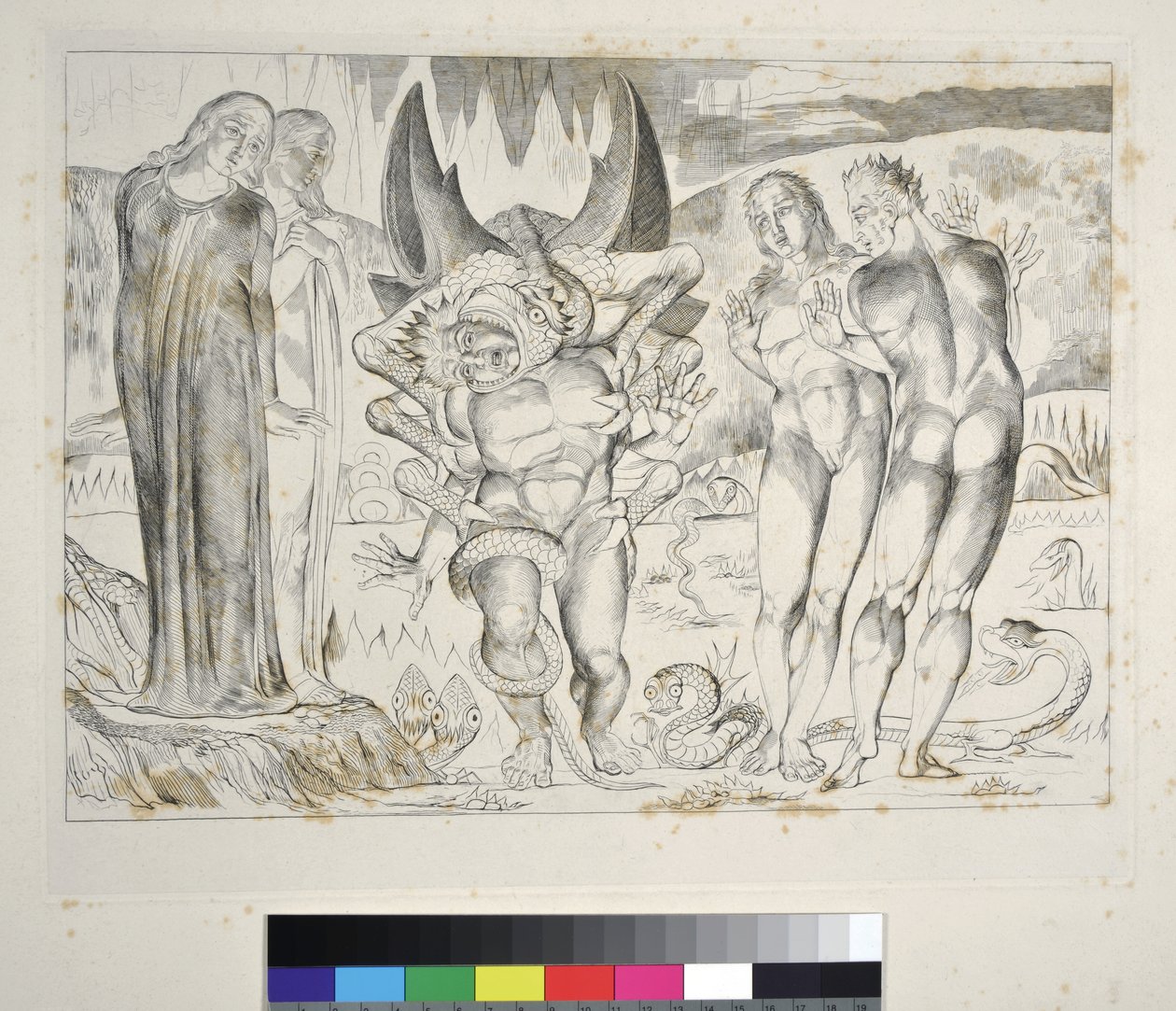 El Círculo de los Ladrones: Agnolo Brunelleschi atacado por una serpiente de seis patas. Infierno, Canto XXV, ilustración de la 