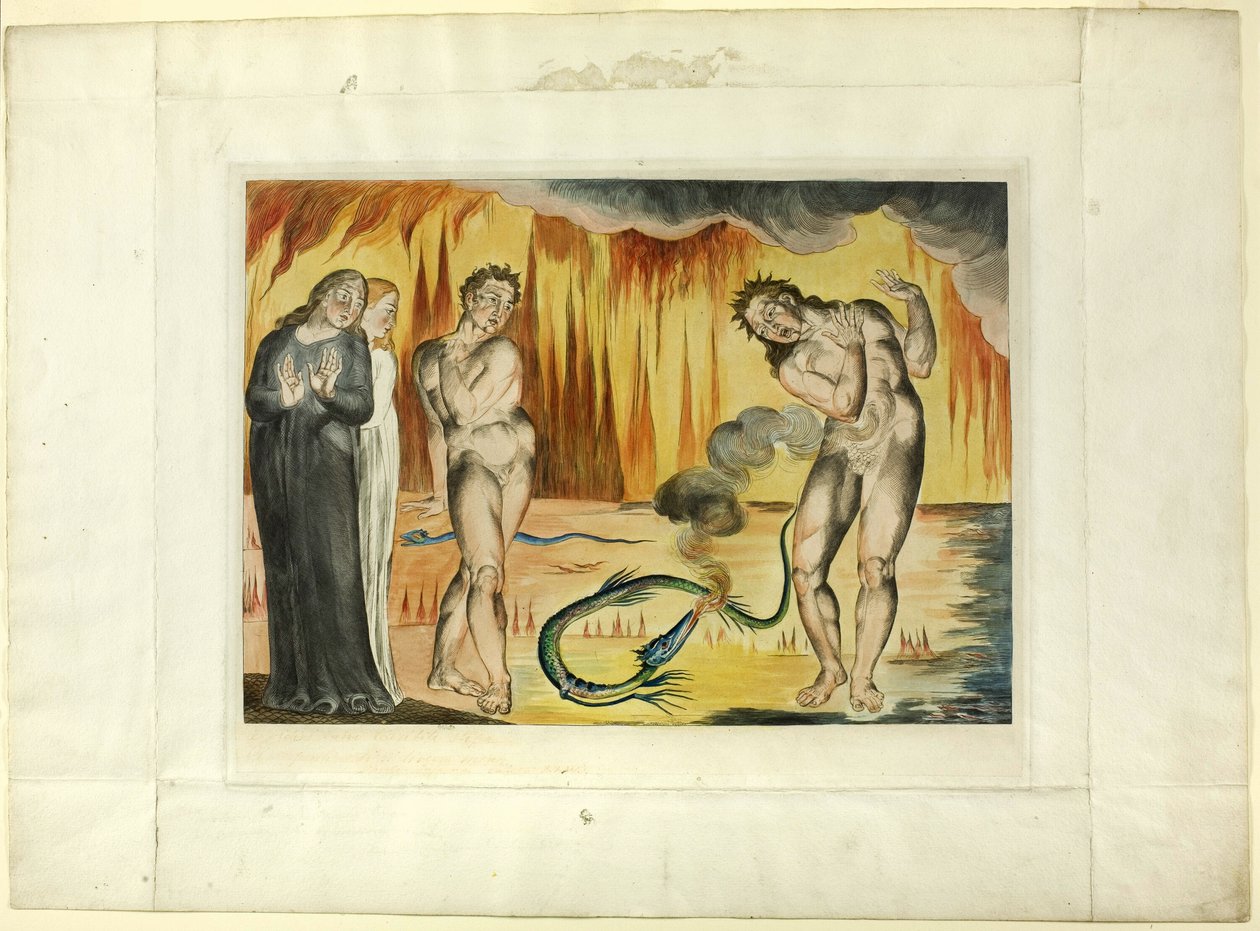 El círculo de los ladrones; Buoso Donati atacado por la serpiente. Infierno, canto XXV de William Blake