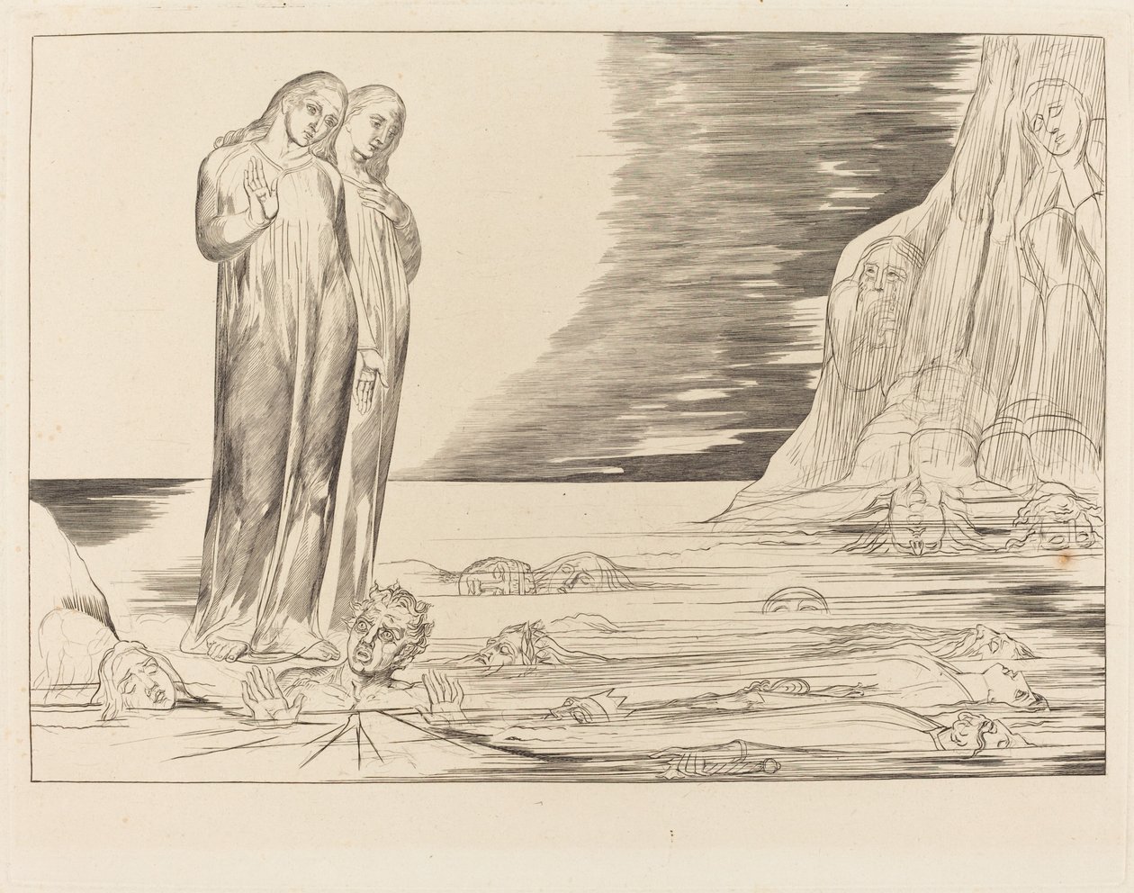 El círculo de los traidores; El pie de Dante golpeando a Bocca degli Abbate de William Blake