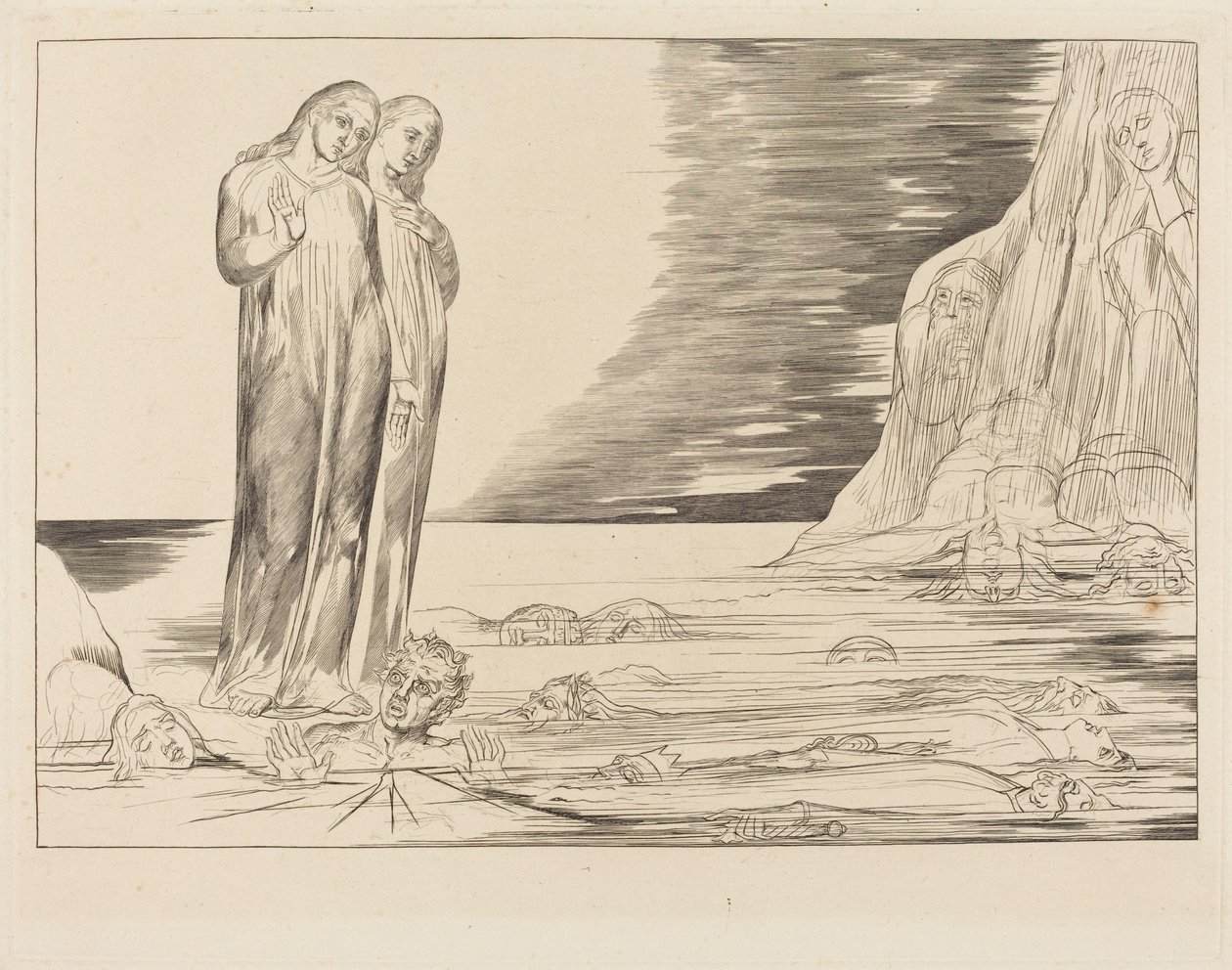 El círculo de los traidores; el pie de Dante golpeando la Bocca degli Abbate de William Blake