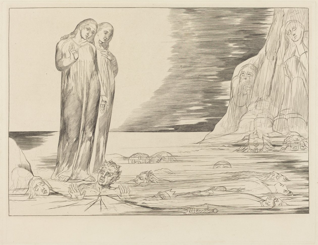 El círculo de los traidores; el pie de Dante golpea a Bocca degli Abbate de William Blake