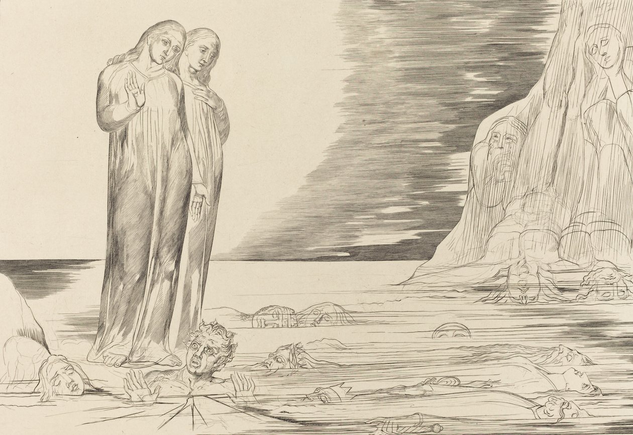El círculo de los traidores, el pie de Dante golpeando a Bocca degli Abbate de William Blake