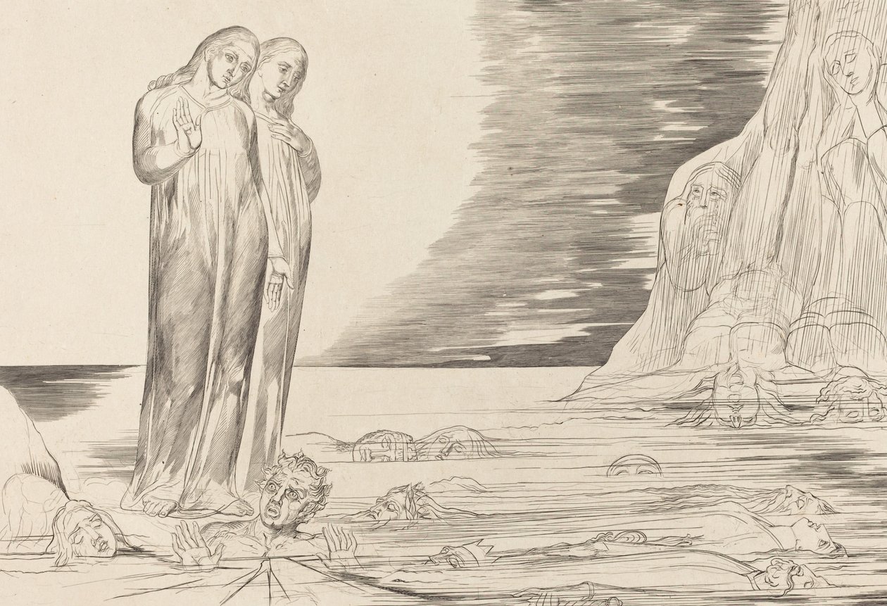El círculo de los traidores, el pie de Dante golpeando a Bocca degli Abbate de William Blake