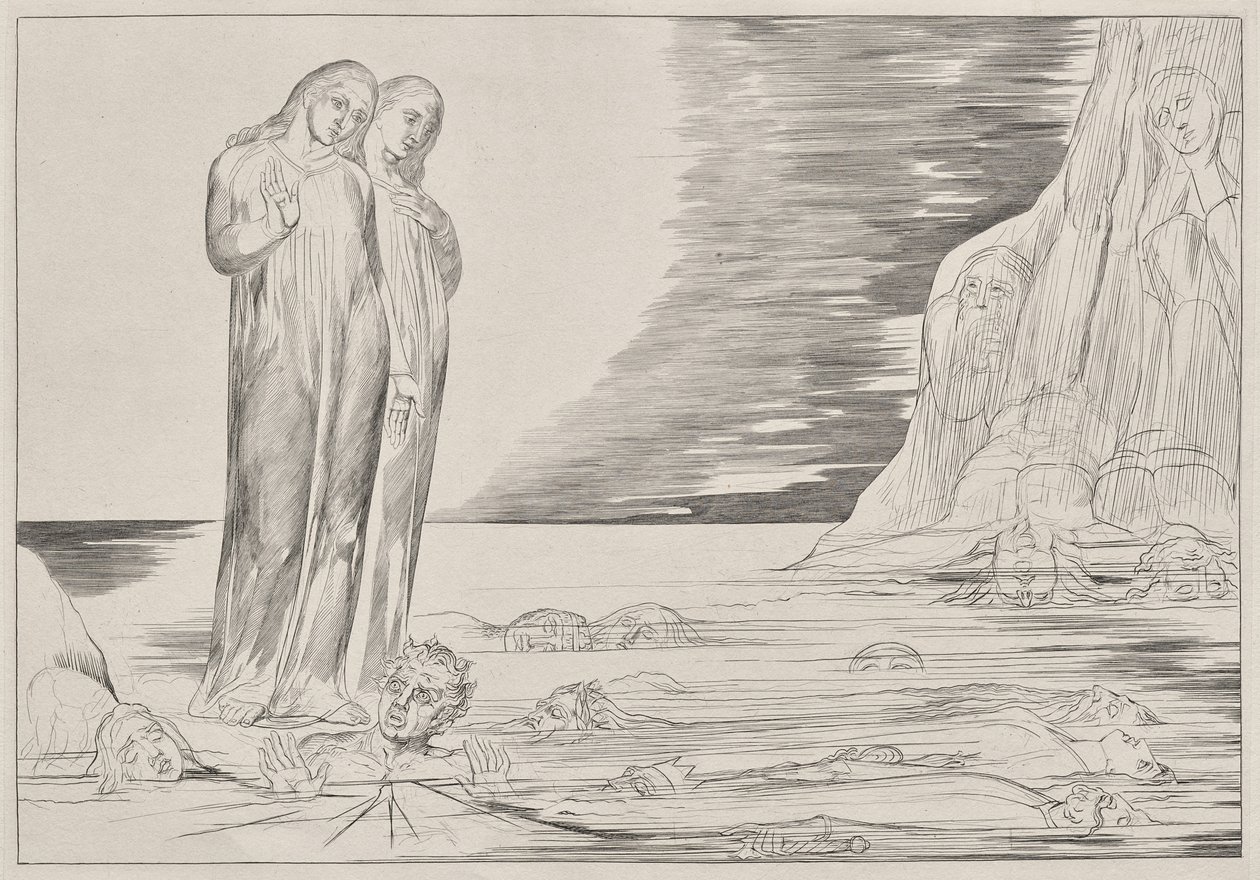 El círculo de los traidores: El pie de Dante golpeando a Bocca degli Abbate, del Infierno de Dante, Canto XXXII Ilustración de La Divina Comedia de Dante de William Blake