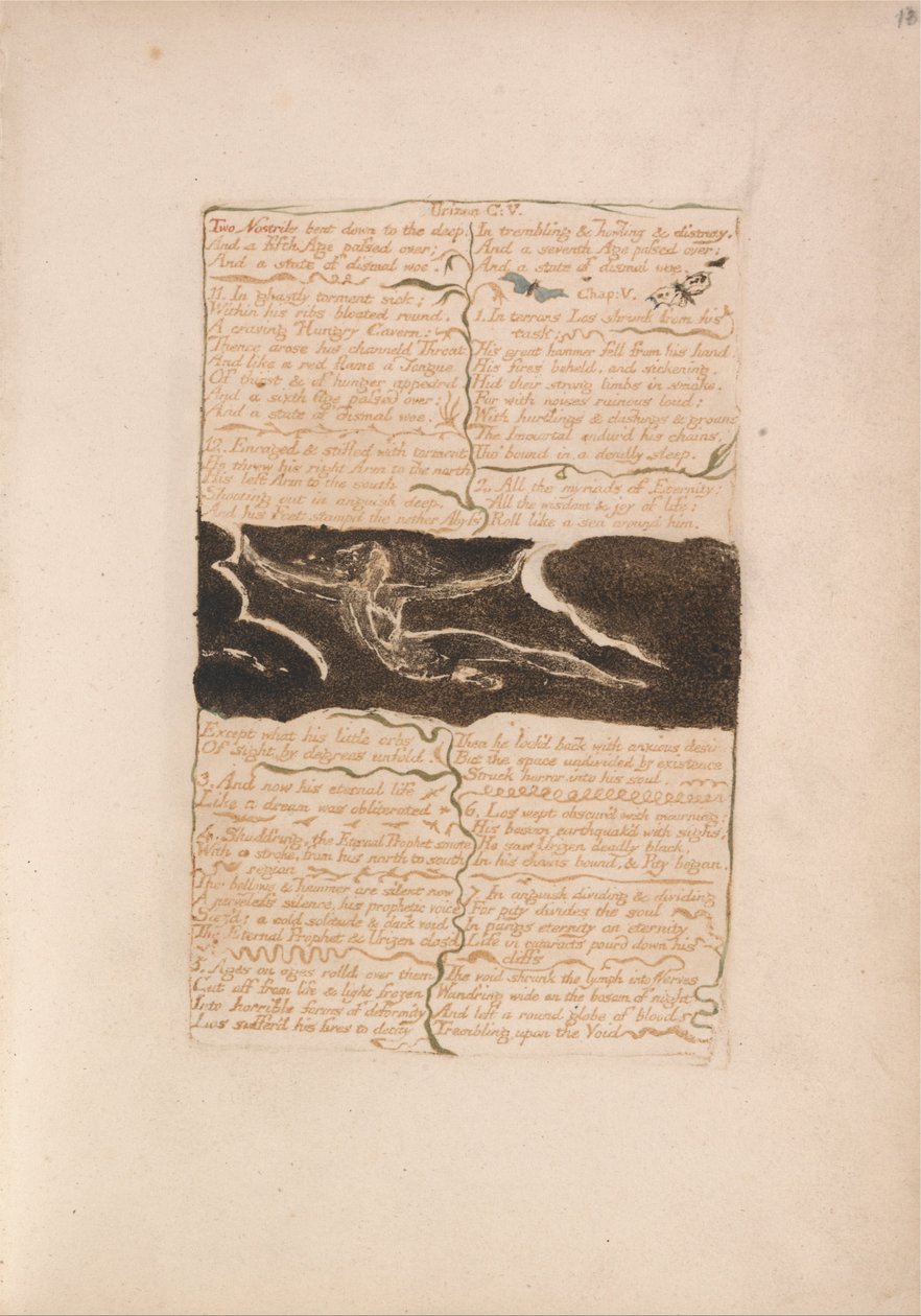 El primer libro de Urizen, Placa 16, Dos fosas nasales dobladas hacia lo profundo... (Bentley 13) de William Blake
