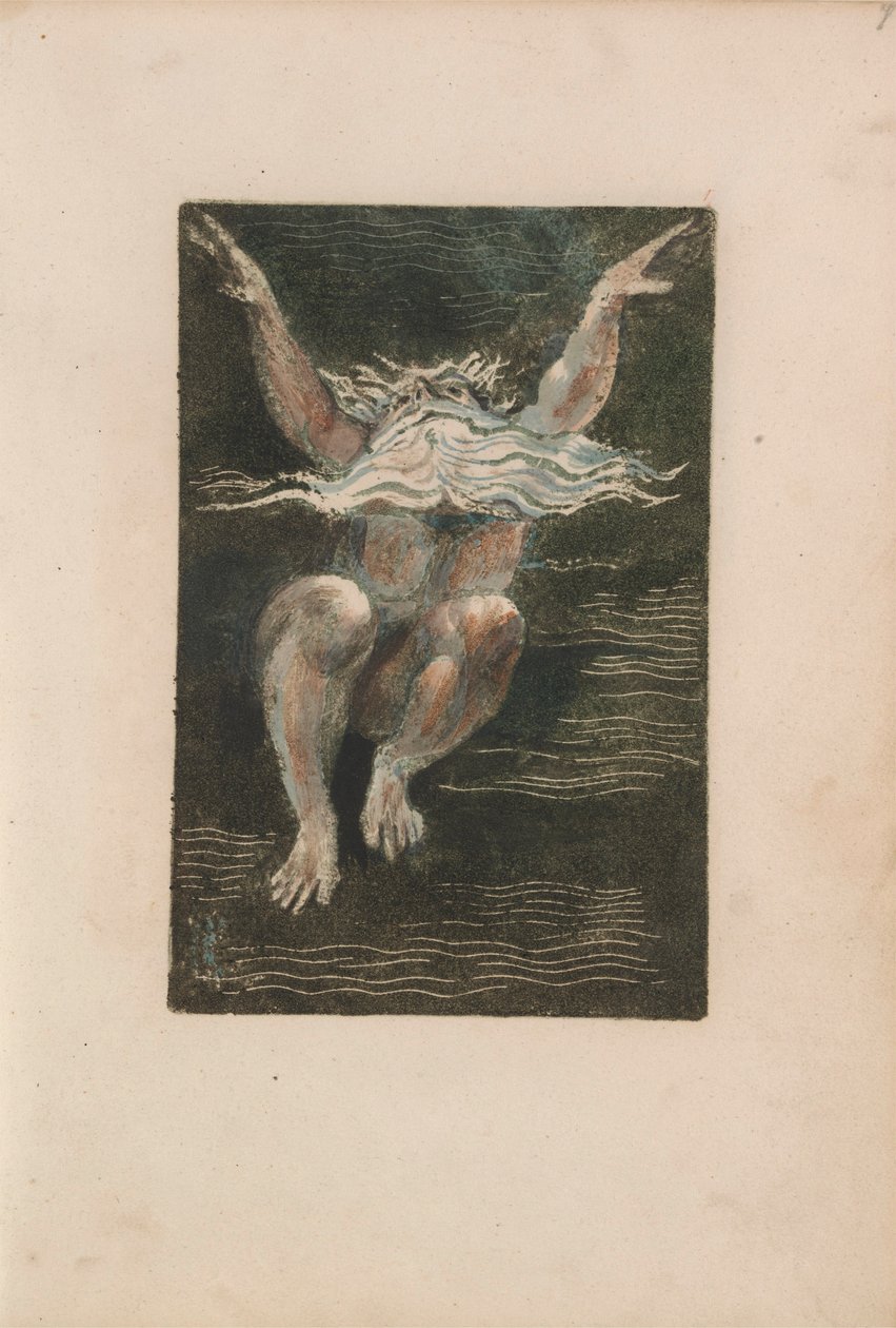 El Primer Libro de Urizen, pl.7 (Un hombre desnudo con una barba blanca flotante que parece estar ascendiendo en aguas profundas) de William Blake