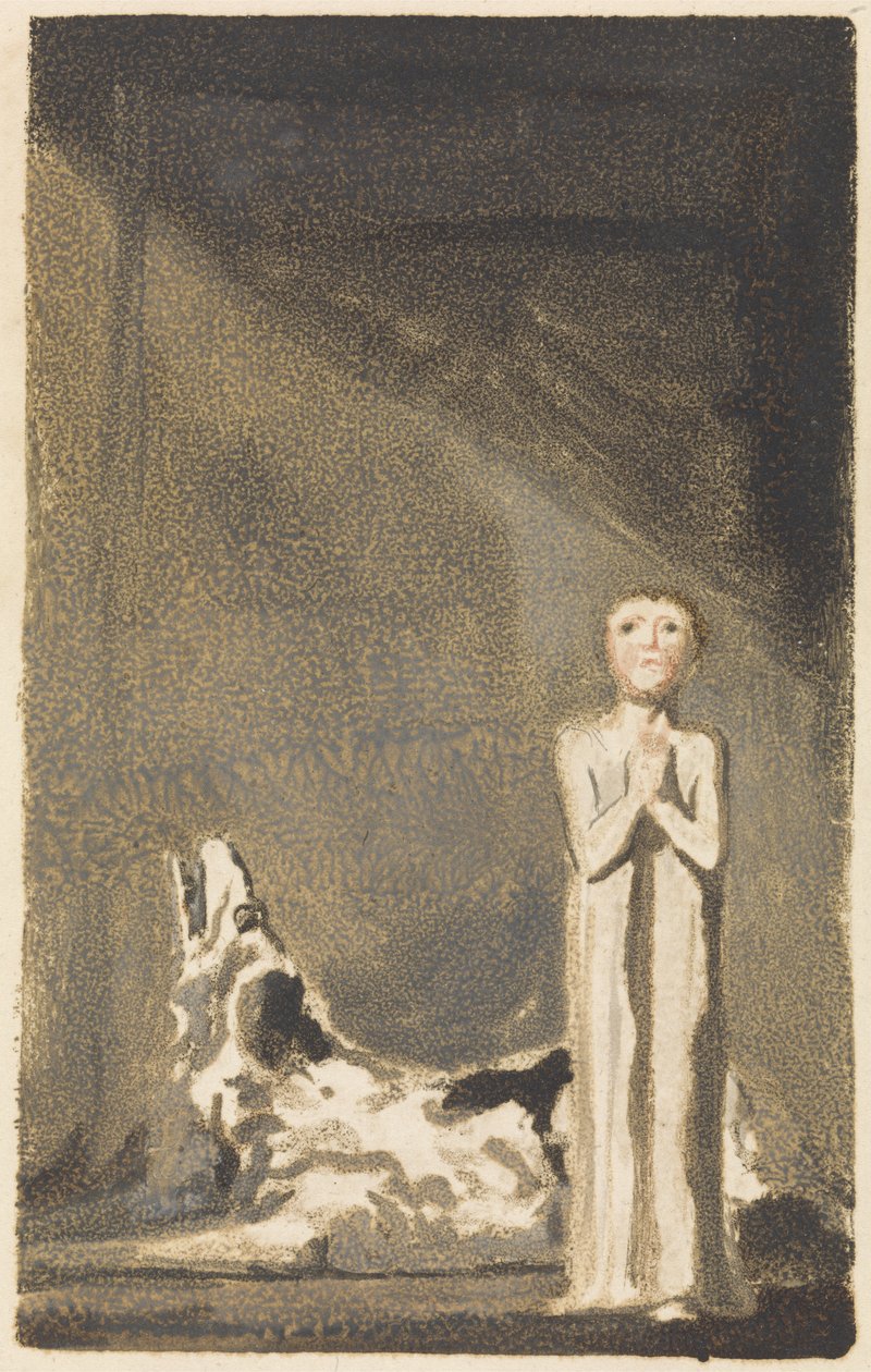 El primer libro de Urizen, placa 24, Un niño con un vestido largo, de pie con las manos entrelazadas a la derecha de un perro de William Blake
