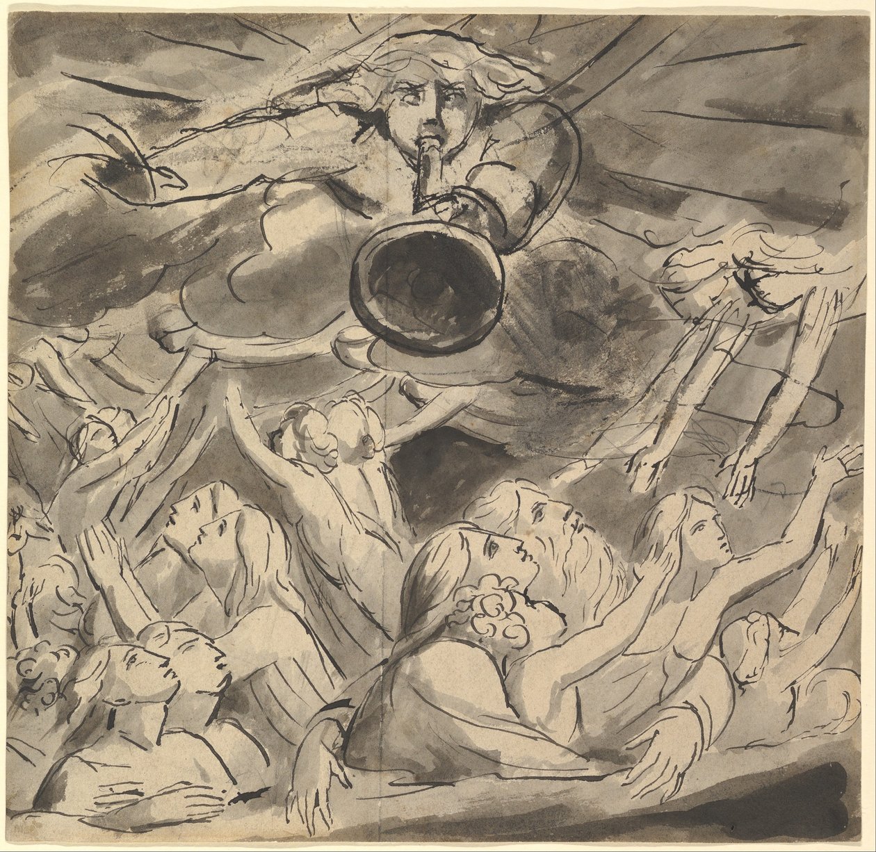 La última trompeta (recto); dos estudios de un ojo derecho, el perfil de un joven con la boca abierta, la cabeza de un águila y la cabeza de un león (verso) de William Blake