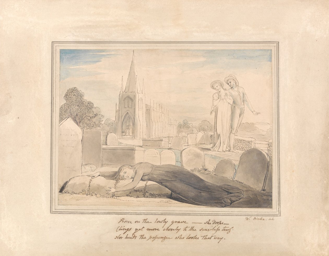 La viuda abrazando la tumba de su marido de William Blake