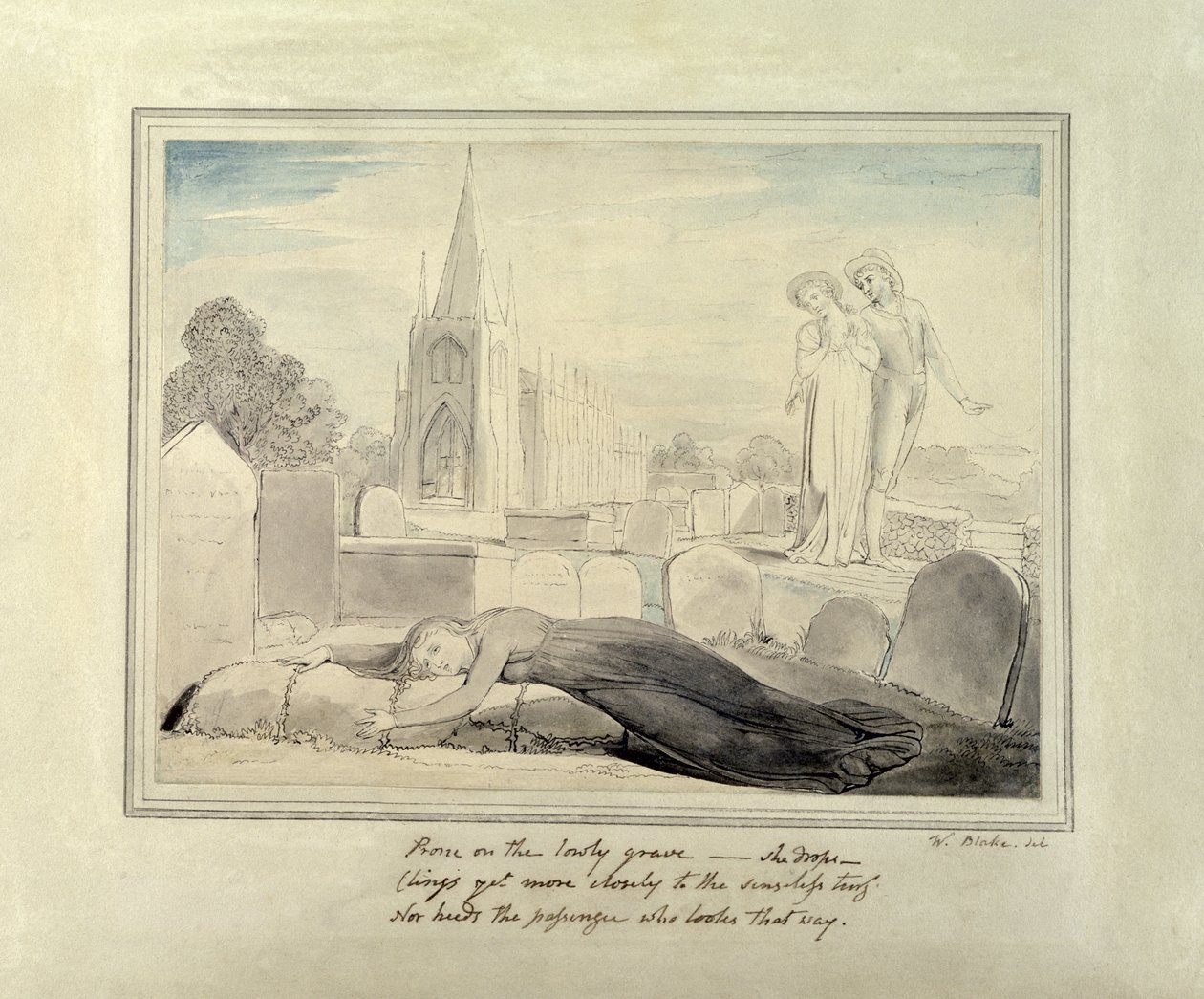 La viuda abrazando la tumba de su esposo de William Blake