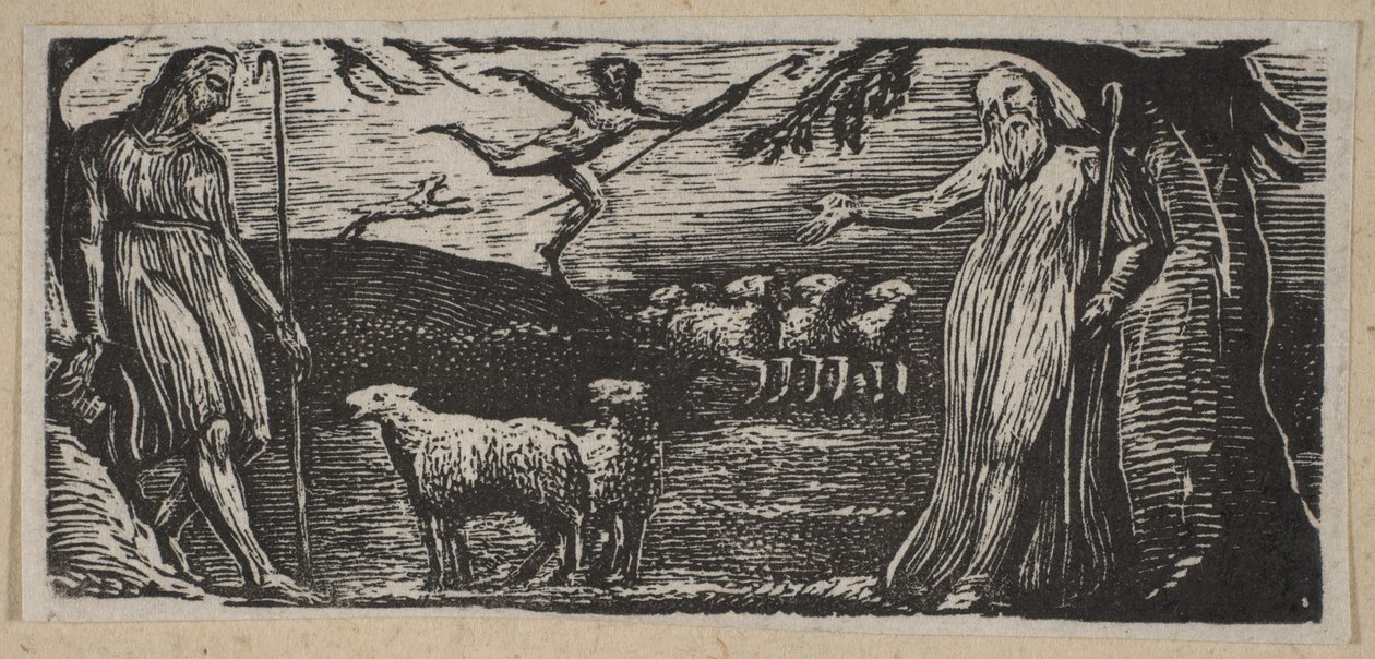 Thenot reprende a Colinet, Lightfoot en el fondo, de Pastorales de Thornton o..., 1821 de William Blake