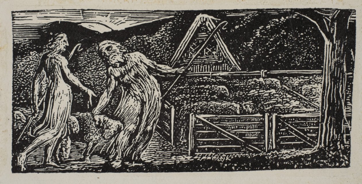 Thenot y Colinet llevan sus rebaños juntos, de las Pastorales de Virgilio de Thornton de William Blake