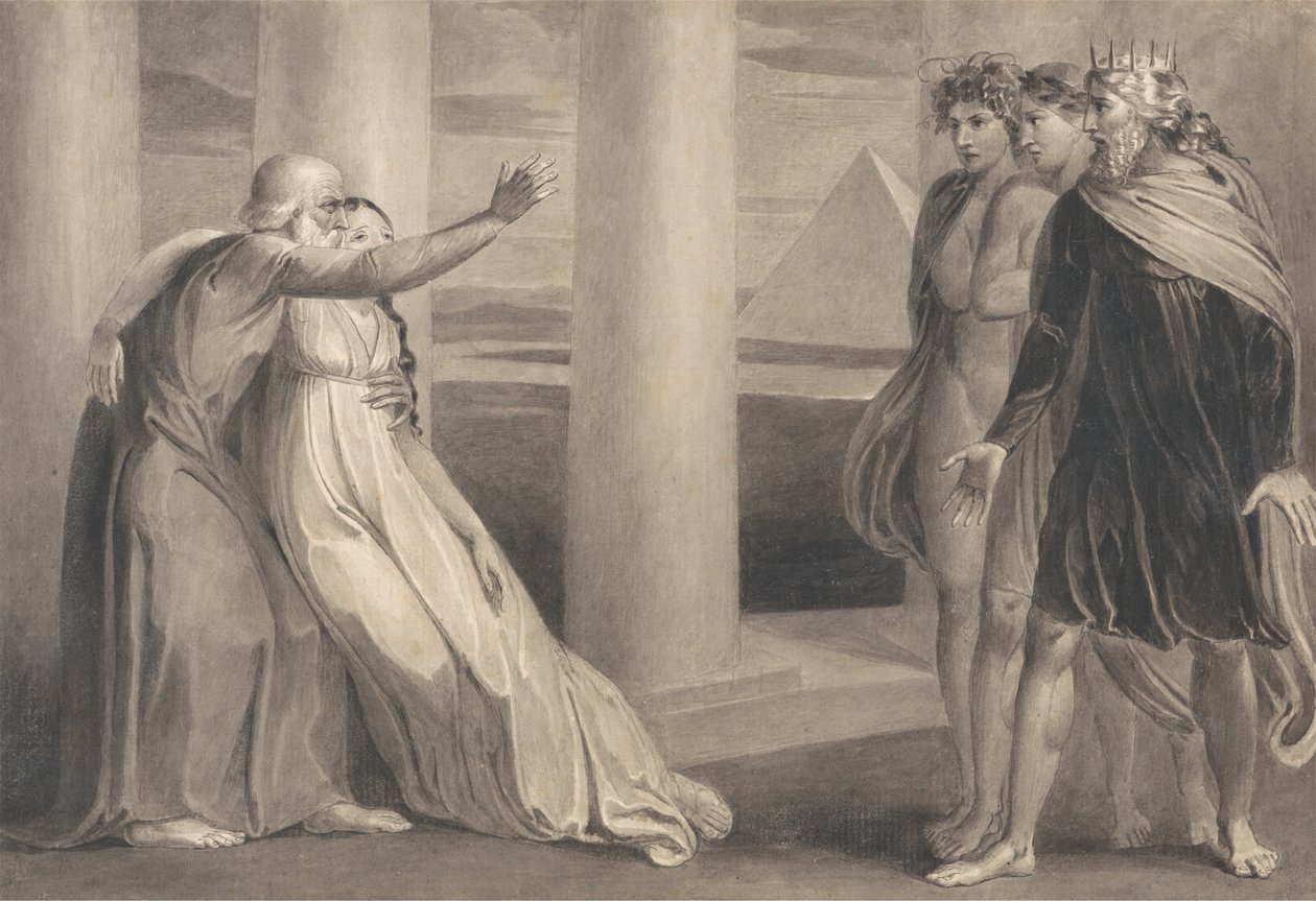 Tiriel apoya a la moribunda Myratana y maldice a sus hijos de William Blake