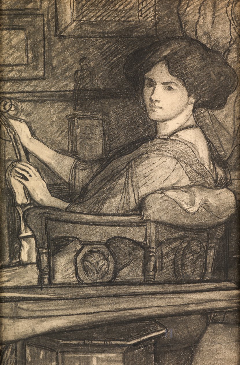Lena, la hija del artista, con un violín (carboncillo) de William Blake Richmond