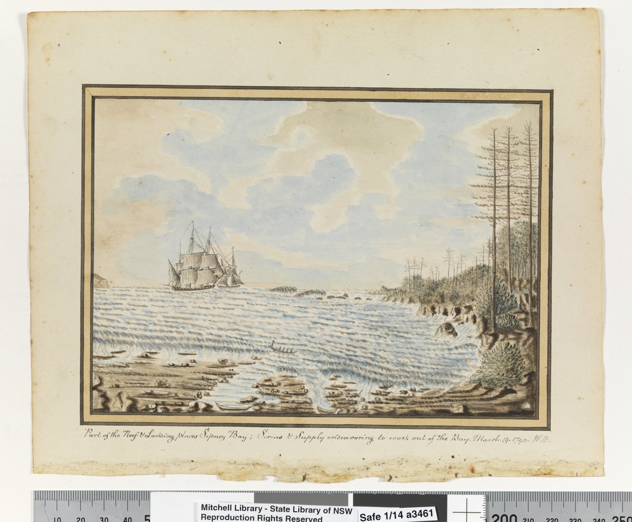 Frente a p. 194. `Parte del arrecife y lugares de desembarco en la Bahía de Sídney; Sirius y Supply intentando salir de la bahía. 19 de marzo de 1790