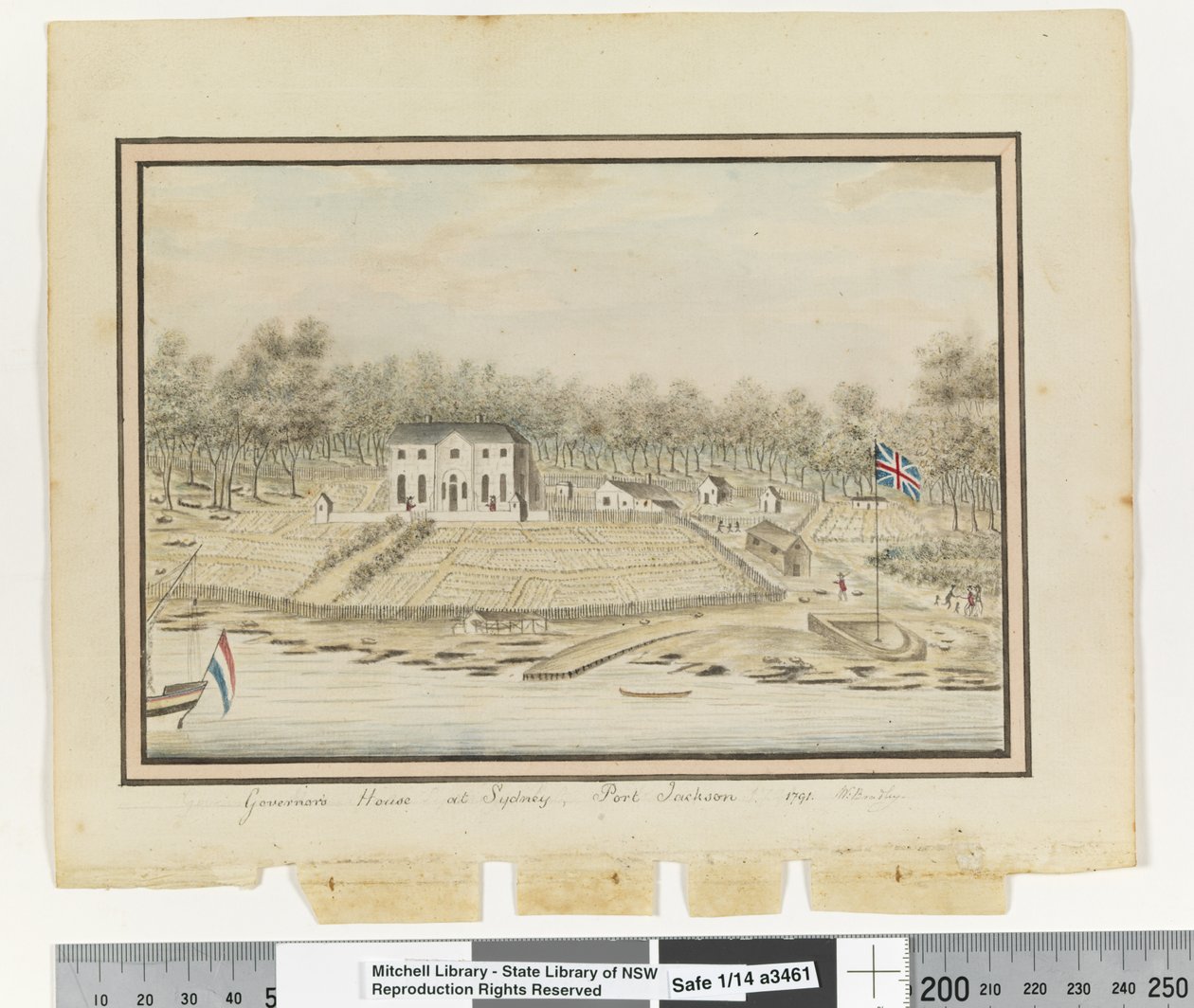 Casa del Gobernador en Sídney, Port Jackson 1791 (detalle) de William Bradley