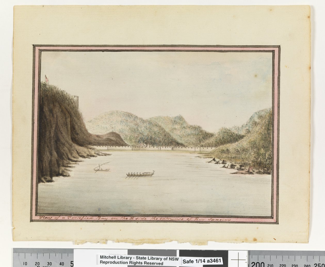 Vista de una Bahía Fortificada en el lado E de la entrada de Río de Janeiro (detalle) de William Bradley