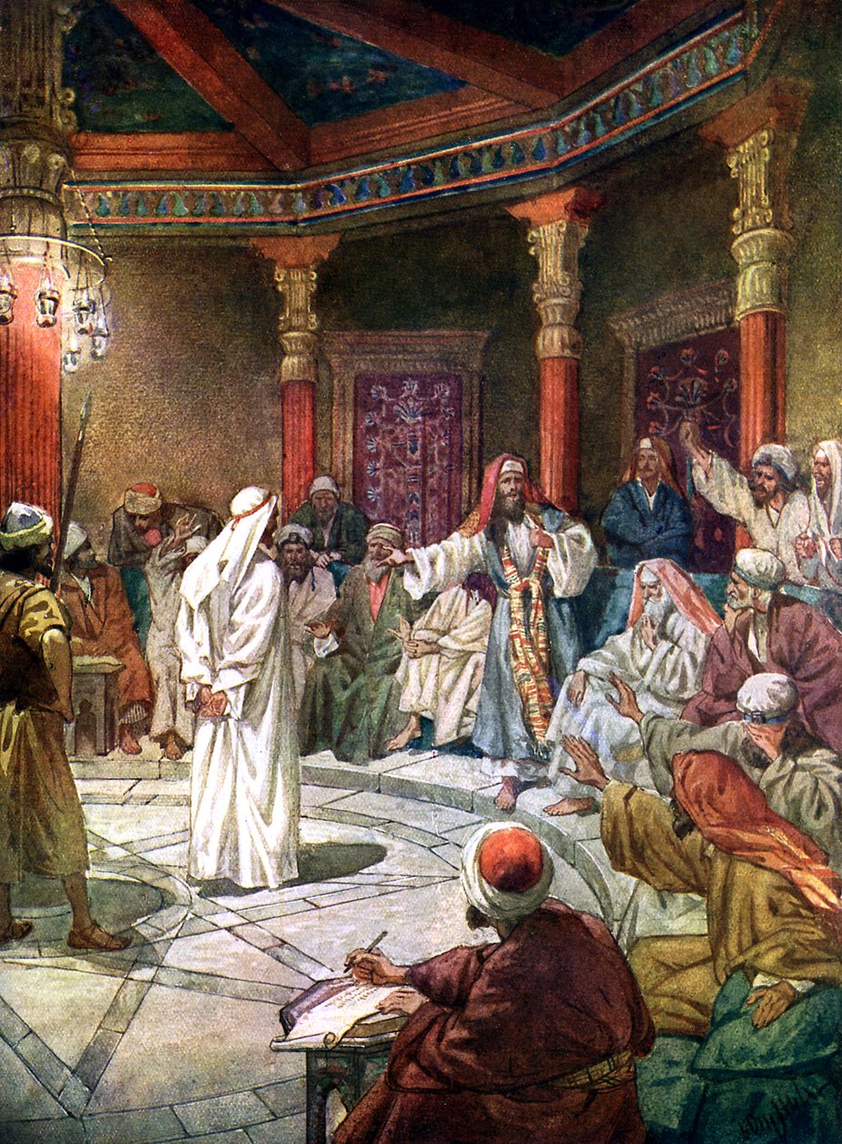 Jesús es interrogado por el sumo sacerdote Caifás - Biblia de William Brassey Hole