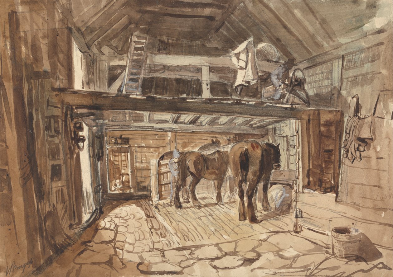 Interior de un establo, con caballos de tiro alimentándose de William Burgess