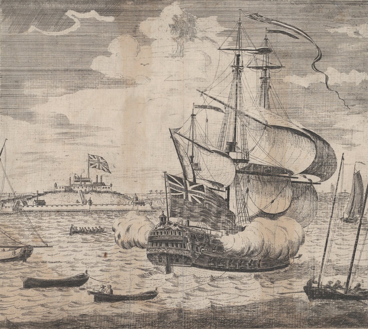 Una vista del Castillo William por Boston en Nueva Inglaterra, principios del siglo XVIII de William Burgis.