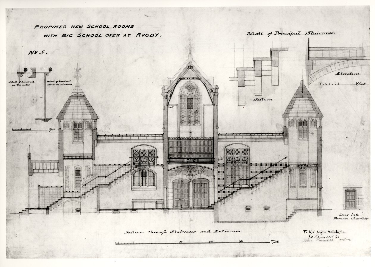 Detalles de Entradas, Escaleras, Puerta de la Cámara de la Caldera y Barandillas, (New Big School), Rugby School, 1844 (tinta negra, lápiz y acuarela) de William Butterfield