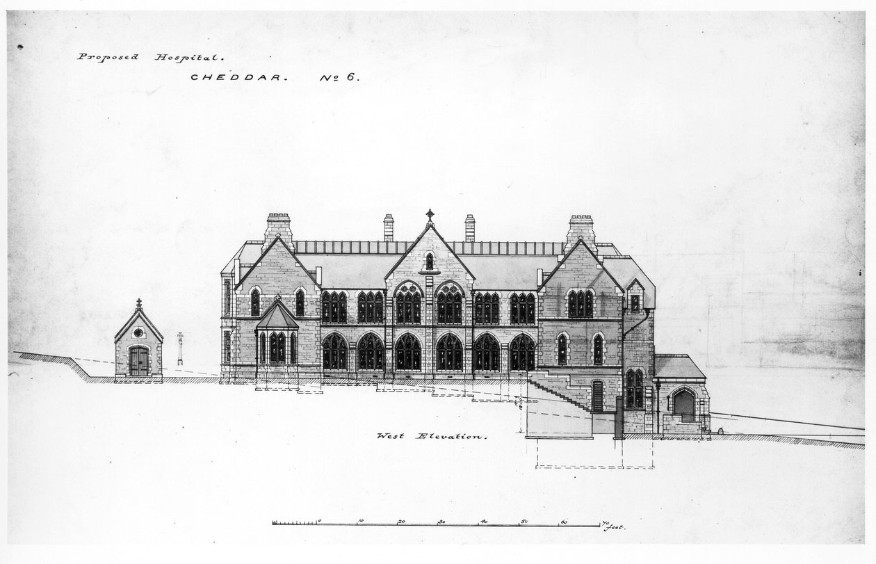Elevación oeste - Hogar de San Miguel, Cheddar, antes de 1878 de William Butterfield